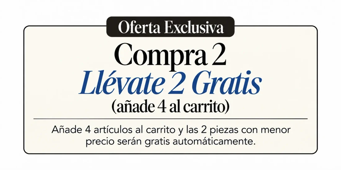 Compra 2, llévate 2 gratis: con 4 joyas, las 2 más baratas te salen gratis. Se aplica sola en el carrito.